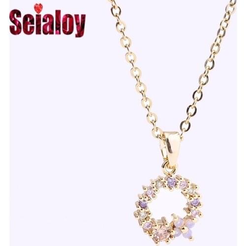 Seialoy High Quality Golden Crystal Wreath Pendant Necklace For Women New Original Golden Mosaic Crystal Charms Girl Collar