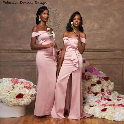 Stylish Off Shoulder Bridesmaid Dresses Pink Mermaid Bowknot Split Long Wedding Party Dress For African Women 2021