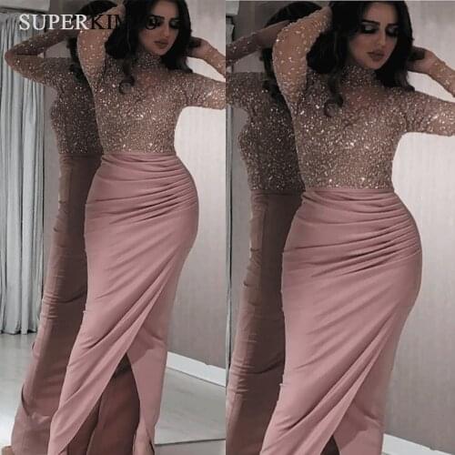 SuperKimJo SuperKimJo Robe De Soiree High Neck Evening Dresses Long Sleeve Beaded Mermaid Dusty Pink Evening Gown Formal Dresses