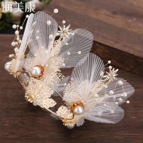 Haimeikang Wedding Crowns Shining Crystal Pearl Bride Handmade Round Crown Earrings Set Wedding Princess Crown Hair Accessories