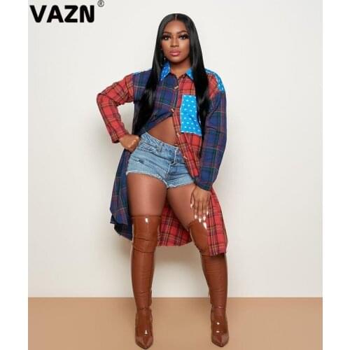VAZN 2020 Top Quality High Street Patchwork Retro Chiffon Shirts Casual Lazy Style Full Sleeve Women X-Long Shirts