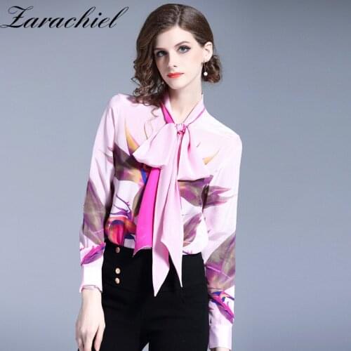 Runway Designer Women Summer Long Sleeve Bird Print Chiffon Blouse And Tops Lace Up Bow Tie V Neck Blusas Ladies Pink Shirt