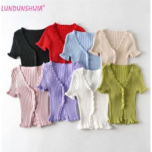 LUNDUNSHIJIA 2020 Autumn Women Fashion Short-Sleeve Ruffles Cardigans Single Breasted Big elastic Knitted Crop Tops 8 Colors