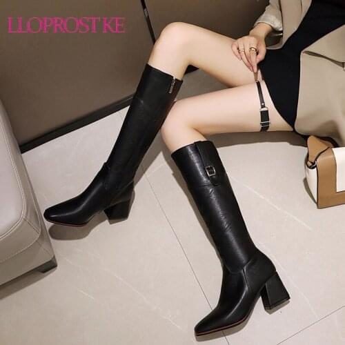 Lloprost ke Knee High Women Boot Round Toe Zip Footwear Female Boot Motorcycle Thick High Heels Shoes Woman 2020 Winter size 50
