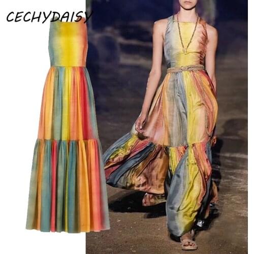 Runway 2021 Maxi Dresses For Women Traf Rainbow Striped Sexy Backless Sleeveless Elegant Beach Sundress Y2k Summer Dress Vestido