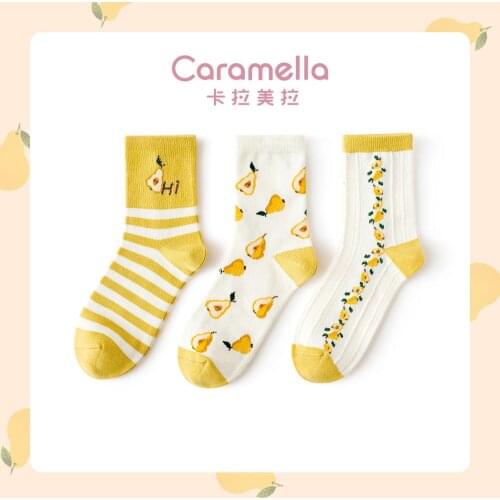 2020 Caramella Pear Pattern Women Socks 3pairs/lot Winter Autumn Yellow Socks Lovely Cotton Short Socks Female Socks Comfy Socks