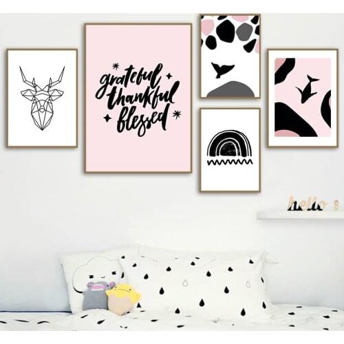Abstract Deer Whale Zebra Quotes Pictures Wall Art Pink Themed Canvas Painting Nordic Animal Posters for Baby Kids Room