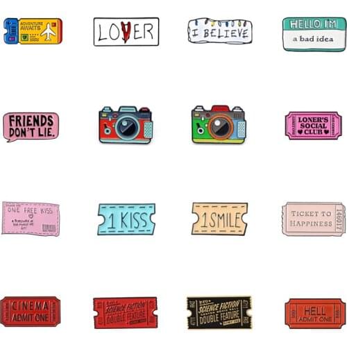 Cartoon Color Pink Brooch Camera Post-it Note Movie Ticket Envelope Love Air Ticket Pin Enamel Badge Clothes Bag Jewelry Gift