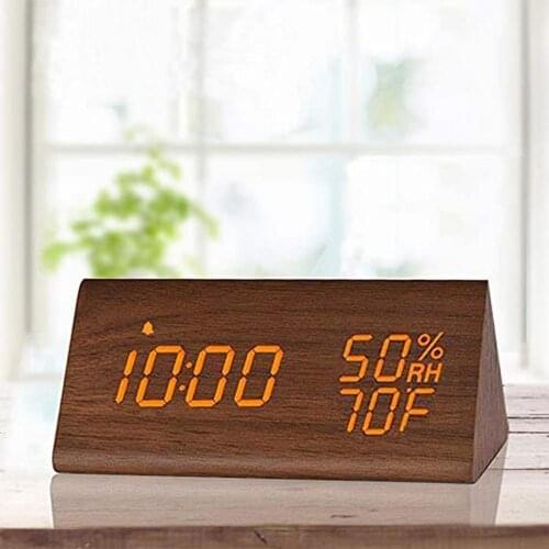Humidity And Temperature Alarm Clock Triangle Digital Baby Room Wood Clock Mute Luminous Led Electronic Gift