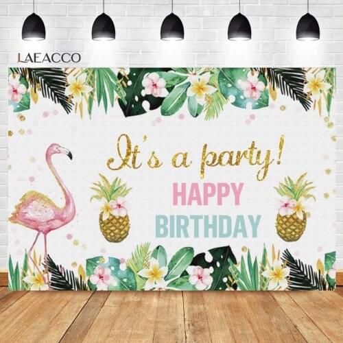 Laeacco Happy Birthday Photography Backgrounds Tropical Green Leaves Flowers Flamingo Baby Shower Backdrops For Photo Studio