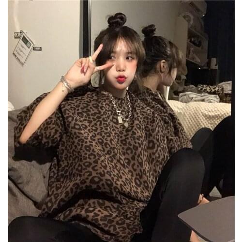 Soft Cotton Leopard Print Kawaii Fashion Y2K Women‘s T-shirt Short Sleeve T-shirts Harajuku Onesize Streetwear Bts Tops