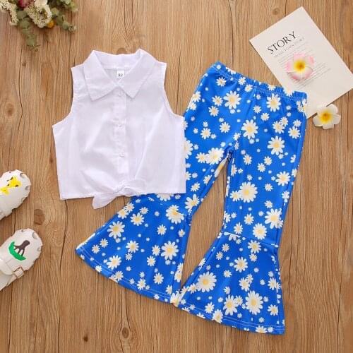Summer Fashion Toddlers Kids Baby Girls White Sleeveless Vest Top+Little daisy Print Flare Pants 2pcs Children Clothing Outfits
