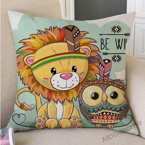 Cartoon Woodland Animals Cotton Linen Children Room Decoration Cushion Cover Cute Forest Animals Fox Bear Lion Owl Pillow Case