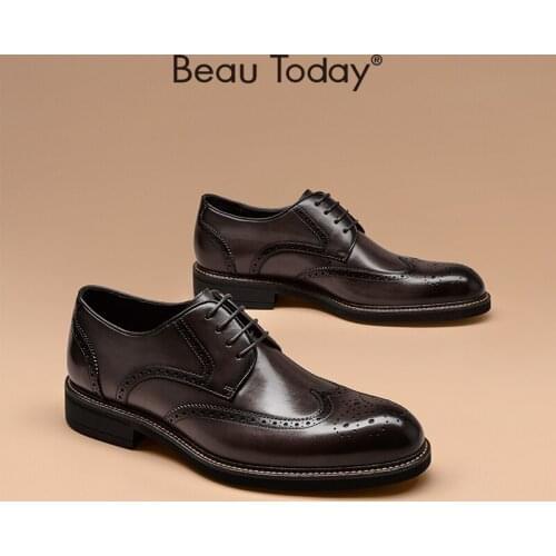 Men Brogue Shoes Genuine Cow Leather Wingtip Pointed Toe Lace-Up Dress Derby Shoes for Men Handmade BeauToday 51054