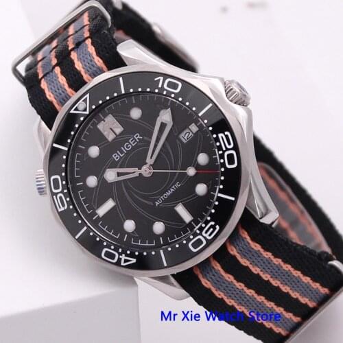 Bliger 41mm Black Dial Automatic Mechanical Mens Watch Nylon Strap Sapphire Crystal Luminous Waterproof Calendar Wristwatch Men