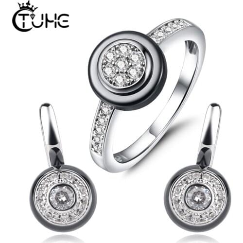 Elegant Ceramic Jewelry Set Rings Earrings For Women Engagement Romantic Style Circle Ceramic Jewelry Sets Austrian Crystal Gift