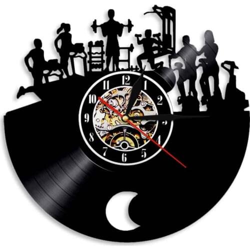 Gym Room Fitness Equipment Vinyl Record Wall Clock Bodybuilding Workout Exercise Retro Album Decor Art Silhouette Wall Clock
