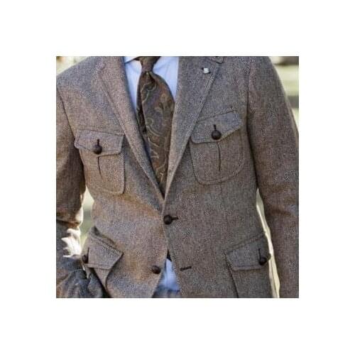 Latest design 4 pockets mens herringbone tweed custom jacket pants retro gentleman suit 2 pieces terno masculino Costume Homme