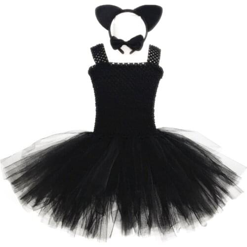 Girls Tutu Dress Black Cat Costume Ball Gown Halloween Birthday Party Dress up Cosplay Set Children Clothing