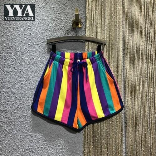 Summer Women Casual Colorful Striped Wide Leg Shorts Elastic Waist Ladies Beach Shorts New Loose Fit Outside Joggers Sweatpants