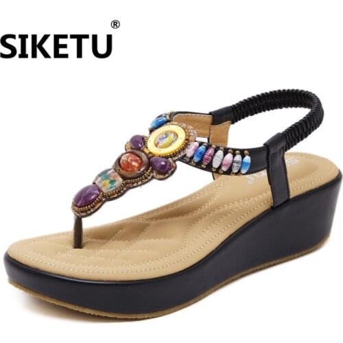 2018 siketu new Bohemian Wedge Heel string Bead Large Size Women sandals 5cm heel large size slope with women shoes EUR42
