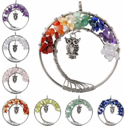 SUNYIK Vintage Tree Of Life Owl Bird Wire Wrapped Chips Beads Gem Stone Healing Reiki Pendant (Free Chain)