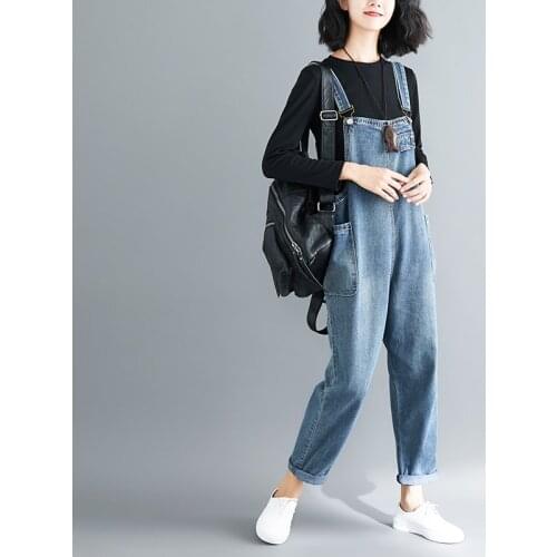 Baggy Jean Jumpsuit Women Plus Size Big Pockets Wide Leg Denim Overalls bib Cowboy Pants denim Tooling Suspender harem pants