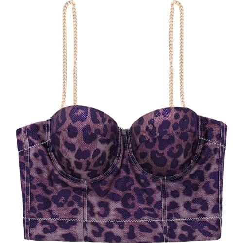 Metal Strap Purple Leopard Sleeveless Top Women 2021 Summer Top Tibbed Tank Top With Built In Bra Push Up Bralette Party Clothes