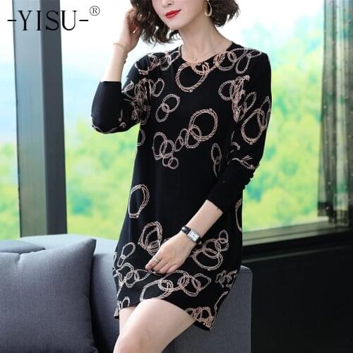 YISU Sweater Dress Women long Pullover 2019 Autumn Winter O neck Long sleeve Straight Dress Simple Circle pattern Printed Dress