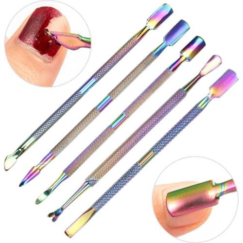 1pcs Rainbow Nail Cuticle Pusher Scissor Tweezers Clipper Dead Stainless Steel Dual Head Pedicure Gel Remover Manicure Care Tool