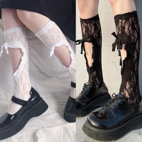 Women Gothic Lolita Floral Lace Calf Socks Harajuku Hollow Heart Sweet Ruched Lace-Up Bowknot Mesh Kawaii Tube Stockings