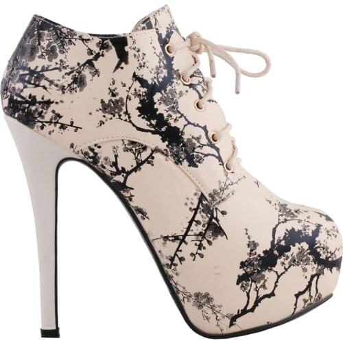 LF80884 SHOW STORY Retro Black Beige Chinese Ink and Wash Lace-Up Platform Stiletto Ankle