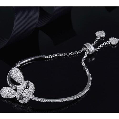 SLJELY 925 Sterling Silver Cute Rabbit Bracelet with Double Hearts Ending White Animals Zircon Stone Women Girls Fashion Jewelry
