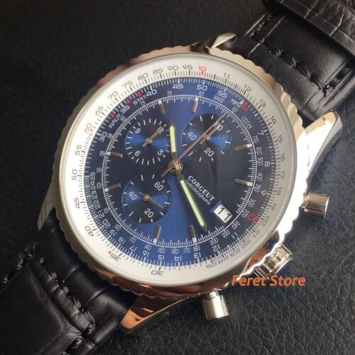 CORGEUT Chronograph watch 46.5mm blue dial black leather strap polisher silver steel case Quartz Movement VK67
