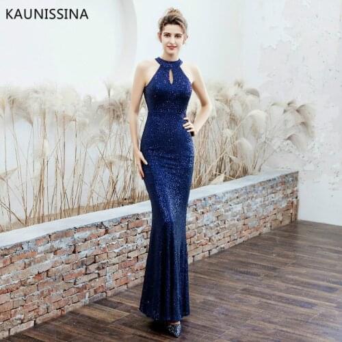 KAUNISSINA Luxury Long Evening Dresses Mermaid Sequins Party Proms Sleeveless Halter Neck Bodycon Formal Gown Robe Real Photo
