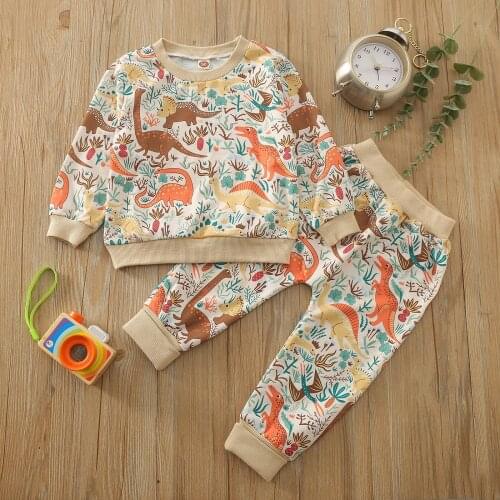 6M-4Y Toddler Boy Clothes Set Dinosaur Print Cartoon Long Sleeve Round Neck Pullover + Trousers Spring Autumn Outfits Homewear