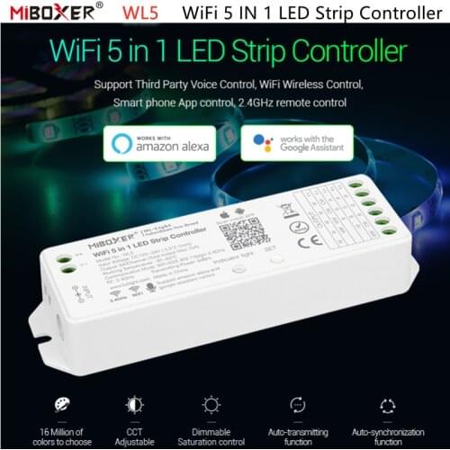 Miboxer WL5 2.4G 5 IN 1 WiFi LED Controller For Single color CCT RGB RGBW RGB+CCT Led Strip APP/WiFi /Third Party Voice Control