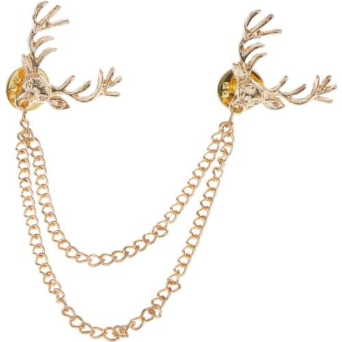 Beautiful Chic Deer Head Elk Tips Double Chains Tassels Collar Gold Pins Brooch Jewelry Gift