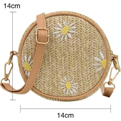 Round Woven Straw Bag Women Shoulder Bag Girls Vintage Summer Beach Handbag Fashion Style Change Purse Cute Zipper Messenger Bag