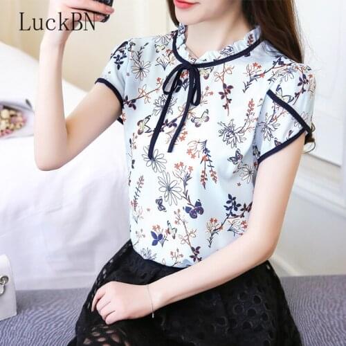 Summer Floral Print Chiffon Blouse Ruffled Collar Bow Neck Shirt Petal Short Sleeve Tops Plus Size Blusas Femininas 2020