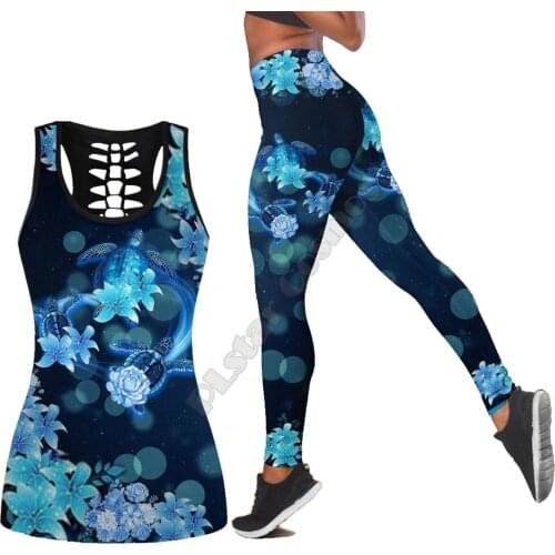 Sea turtle Polynesian 3D Printed Hollow Out Tank Legging Suit sexy Yoga Fitness Soft Legging Summer Women For Girl 27