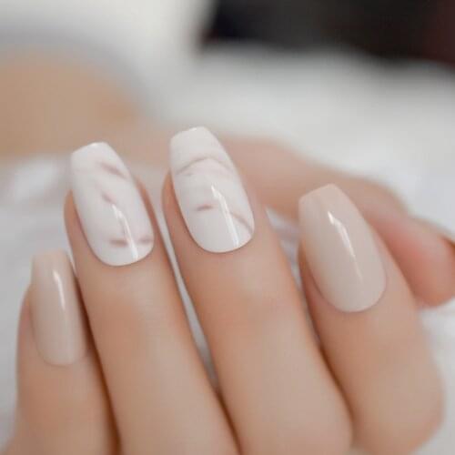 Marble Shiny Daily Ballerina Nails Nude Medium Long Press On Coffin Nails Pre-designed Art Decoration
