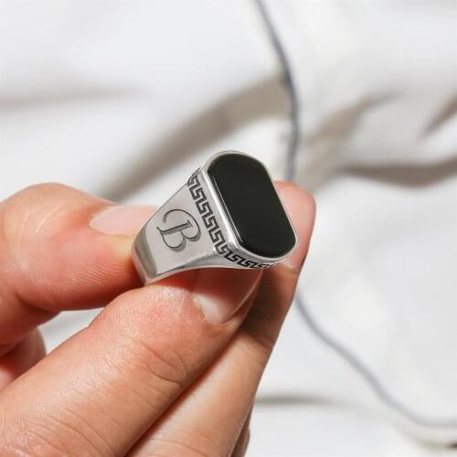 Personalized Agate Stone Grecian Motif Is Silver Men 'S Ring