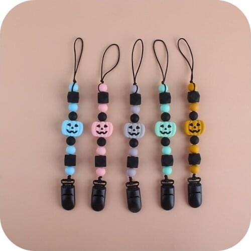 Soft Silicone Pacifier Chain Halloween Pumpkin BPA Free Silicone Molar Teething Toy Anti-drop Infant Pacifier Teether Chain Clip