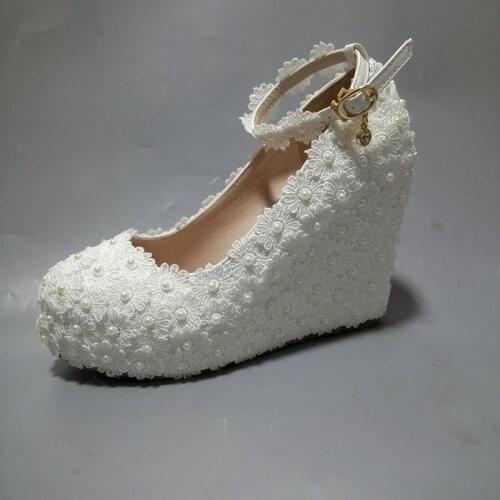 11CM super high wedges heels white lace wedding pumps shoes woman ladies party dinner proms dress pearls platforms bridal shoe