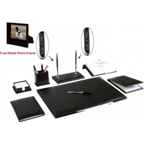 YENICE 9 pcs Office Business Leather Desk Table Pad Accessories Set Desk Set + Your name on Pen and Free Metal Photo Frame GIFT