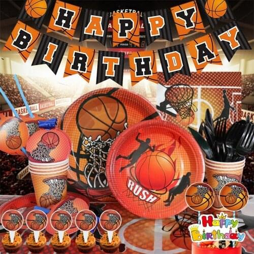 Boys Favor Basketball Birthday Tableware Set Cups Plate Flags Straw School Sport Party Disposable Decoration Supplies