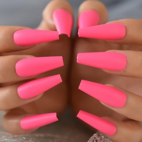Deep Pink Color Matte Fake Nails Girl Coffin Full Covered Fake Nail Long False Nails Wholesale With Adhesive Tabs