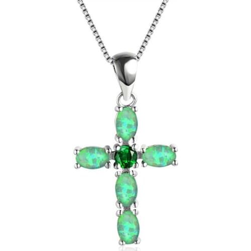 White Green Orange Opal Cross Pendant Birthstone Necklaces For Women Vintage Fashion 925 Silver Chain Red Blue Zircon Necklace