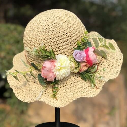 Women Sun Hats Navy Blue Straw Beach Hat With A Wide Brim Female Flower Uv Protection Ladies Summer Bucket Caps